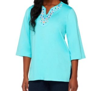 Bob Mackie's Embroidered Split Neck 3/4 Sleeve